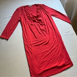 Ganni red knit 3/4 long sleeve draped neck mini dress
